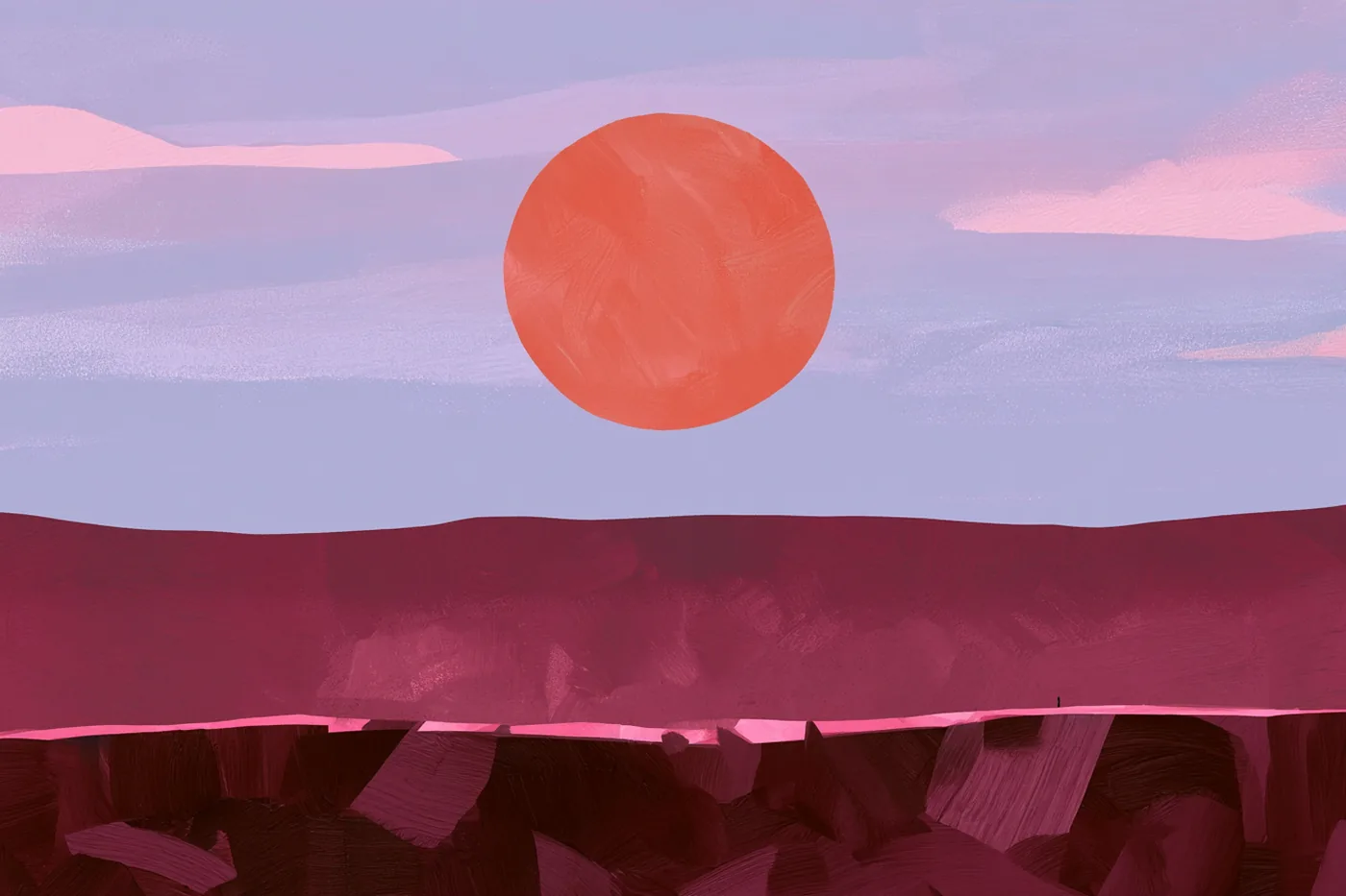 Sol naranja grande bajando sobre una meseta vinotinto al atardecer