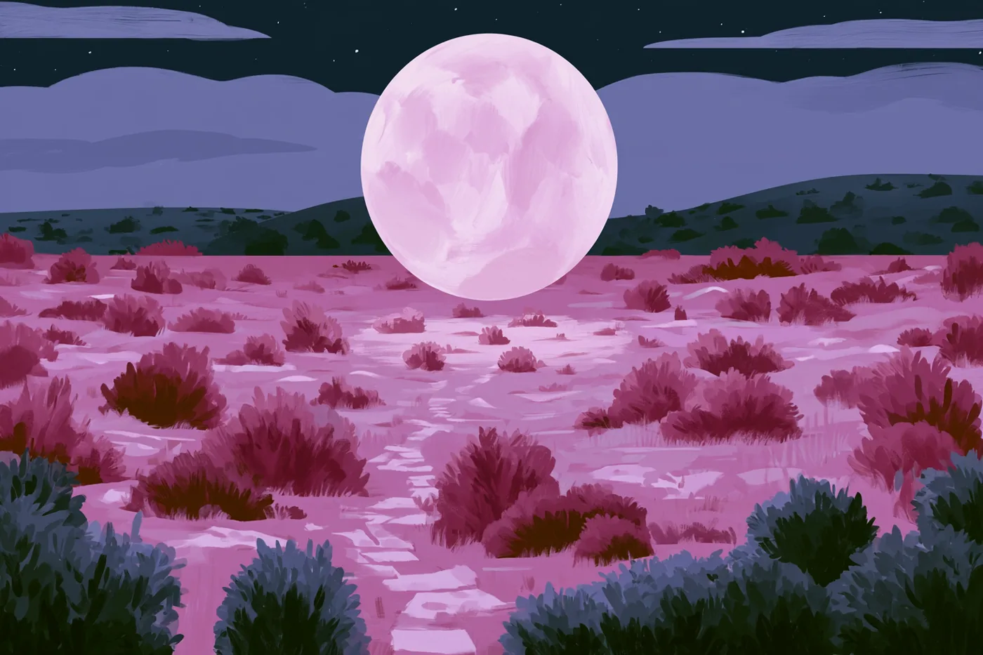 Luna llena pálida sobre un campo de arbustos rosados con un sendero de piedras