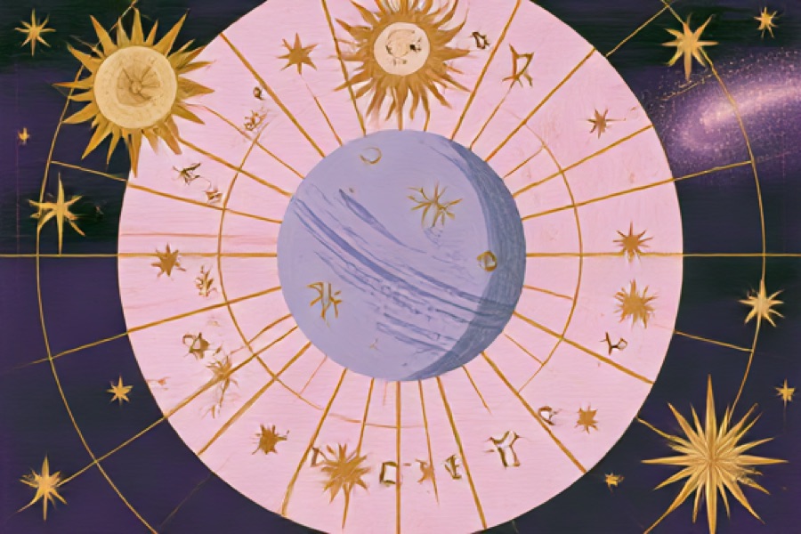 El sol y la luna girando alrededor de la rueda, los tránsitos