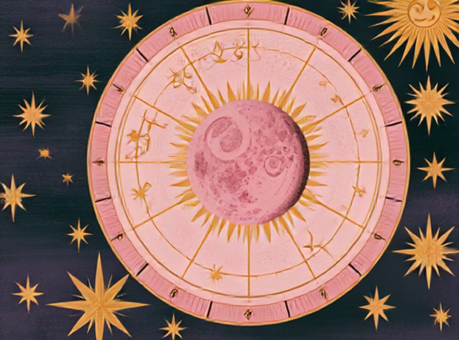 La rueda del zodiaco entera, con la Luna en el centro rodeada de rayos de sol