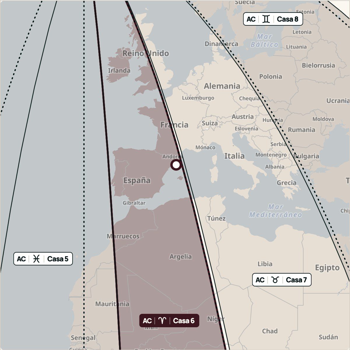 El mapa de cerca sobre Europa, con la franja de cada casa y Barcelona marcada