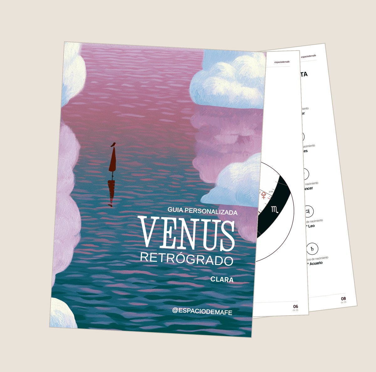 La guía de Venus retrógrado, con la portada delante y las páginas de la carta natal y de los contactos detrás