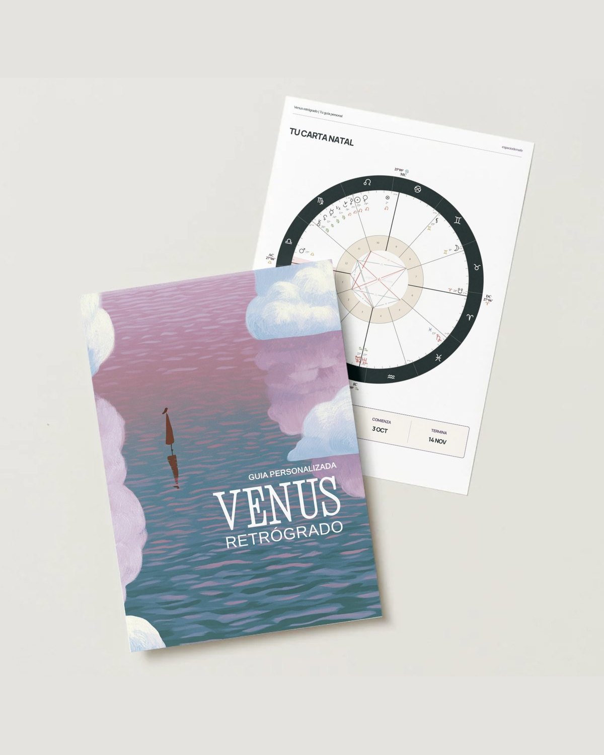 La guía de Venus retrógrado impresa, junto a la hoja con la carta natal