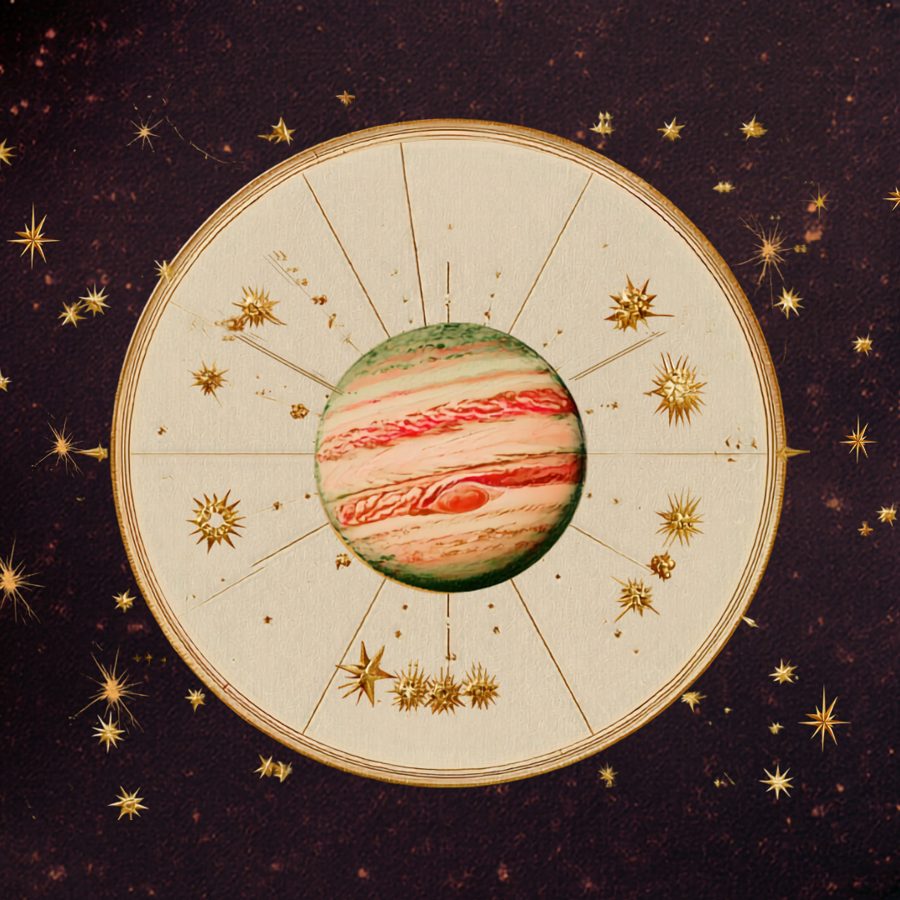 Ilustración de Júpiter dentro de un disco zodiacal de papel sobre un cielo vino con estrellas doradas