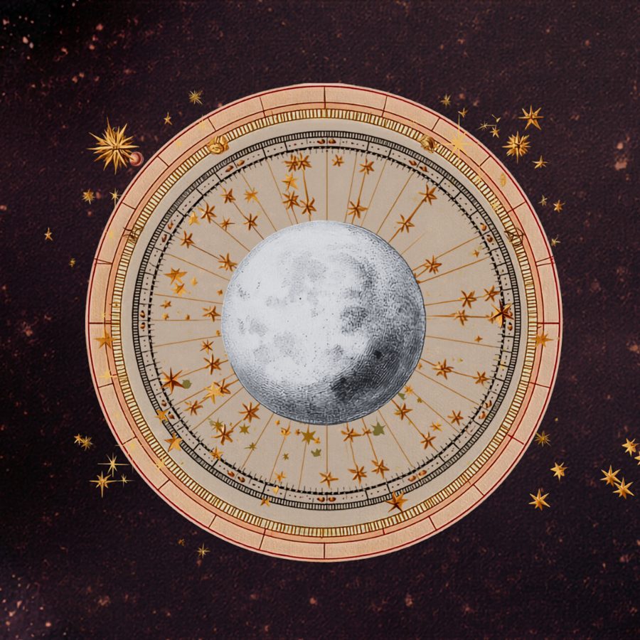 Ilustración de la Luna dentro de un disco zodiacal de papel sobre un cielo vino con estrellas doradas