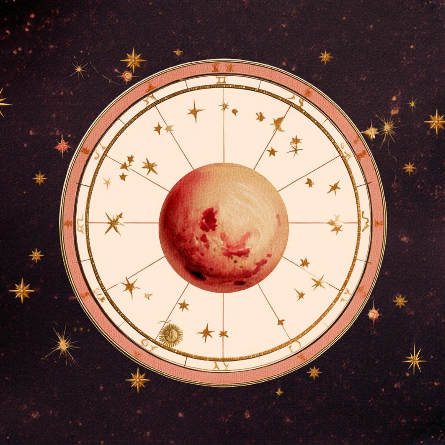 Ilustración de Marte dentro de un disco zodiacal de papel sobre un cielo vino con estrellas doradas