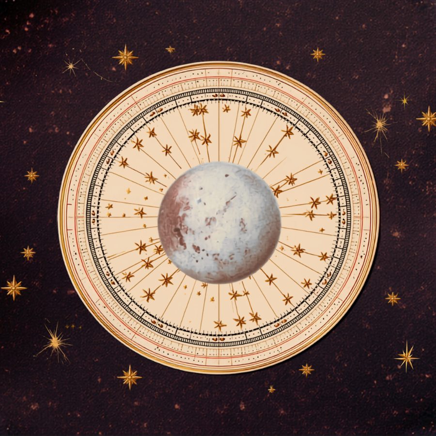 Ilustración de Mercurio dentro de un disco zodiacal de papel sobre un cielo vino con estrellas doradas
