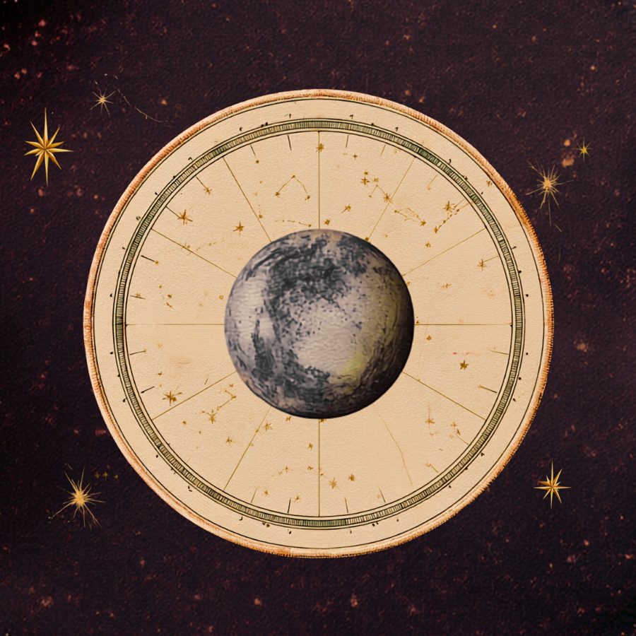 Ilustración de Plutón dentro de un disco zodiacal de papel sobre un cielo vino con estrellas doradas