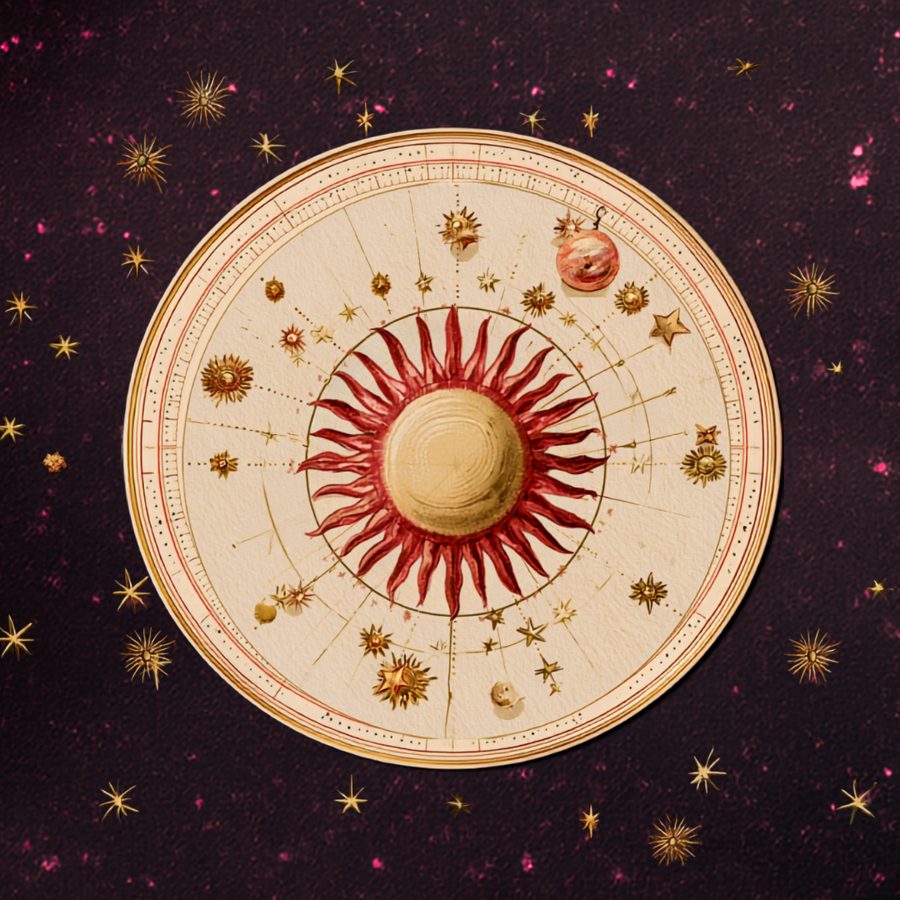 Ilustración del Sol dentro de un disco zodiacal de papel sobre un cielo vino con estrellas doradas