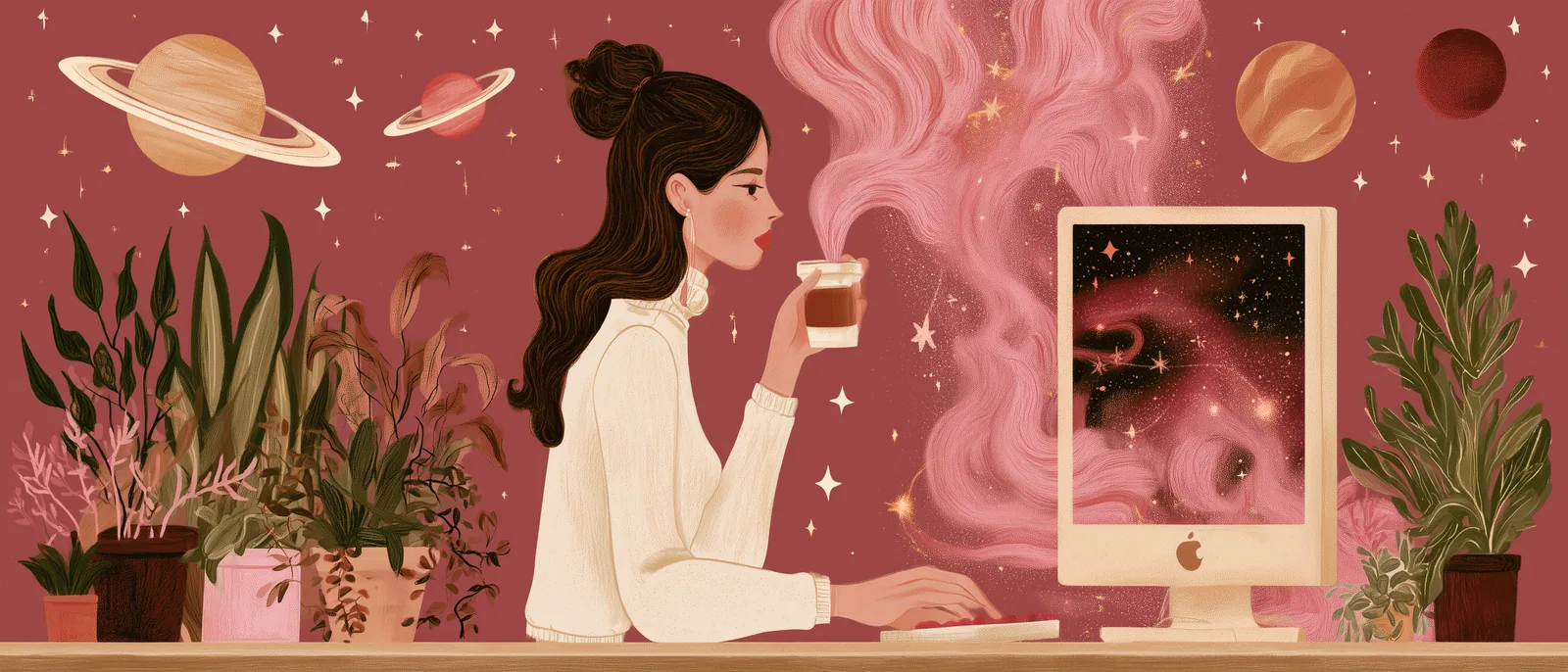 Ilustración de una persona tomando café frente a su computador, rodeada de planetas y estrellas